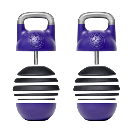 Two Bells of Steel Adjustable Competition Kettlebells feature unique, customizable designs with stacked iron weight plates, purple handles, and spherical bases for the perfect workout.