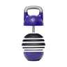 The Adjustable Competition Kettlebell by Bells of Steel features a purple and black ribbed round design, an ergonomic handle, and easy weight increments, standing out against a plain white background.