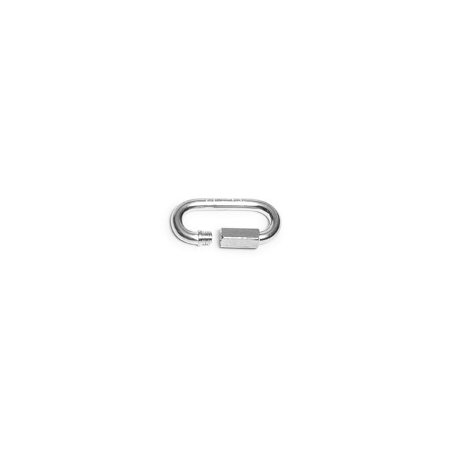 A small, oval-shaped stainless steel quick link with a threaded locking mechanism, designed to be rust-resistant for Bells of Steel Weightlifting Chains, is positioned against a plain white background.