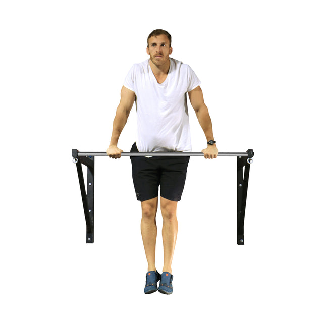 A person in a white shirt and black shorts performs a dip on the Bells of Steel Adjustable Wall or Ceiling Mounted Pull Up Bar.