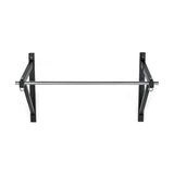 The Bells of Steel Adjustable Wall or Ceiling Mounted Pull Up Bar features a silver horizontal bar with black brackets, perfect for versatile strength exercises. Its simple, sturdy design supports body weight effectively, making it a great addition to your fitness routine.