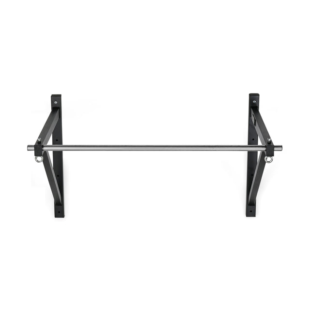 The Bells of Steel Adjustable Wall or Ceiling Mounted Pull Up Bar features a silver horizontal bar with black brackets, perfect for versatile strength exercises. Its simple, sturdy design supports body weight effectively, making it a great addition to your fitness routine.