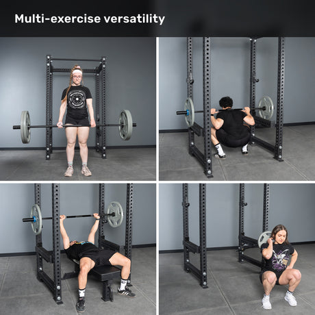 Four photos show two people using the Bells of Steel Short Rackable Barbell and a power rack for deadlifts, squats, bench presses, and shoulder presses. Text above says, "Multi-exercise versatility for your home gym.