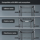 Three sections display Bells of Steel power racks—60mm, Hydra, and Manticore—each featuring a Short Rackable Barbell. Labels identify each rack as part of the Bells of Steel ecosystem.