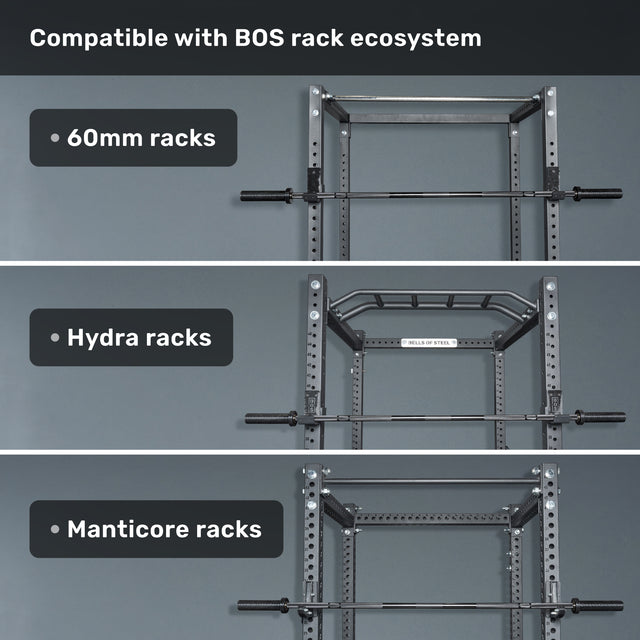 Three sections display Bells of Steel power racks—60mm, Hydra, and Manticore—each featuring a Short Rackable Barbell. Labels identify each rack as part of the Bells of Steel ecosystem.