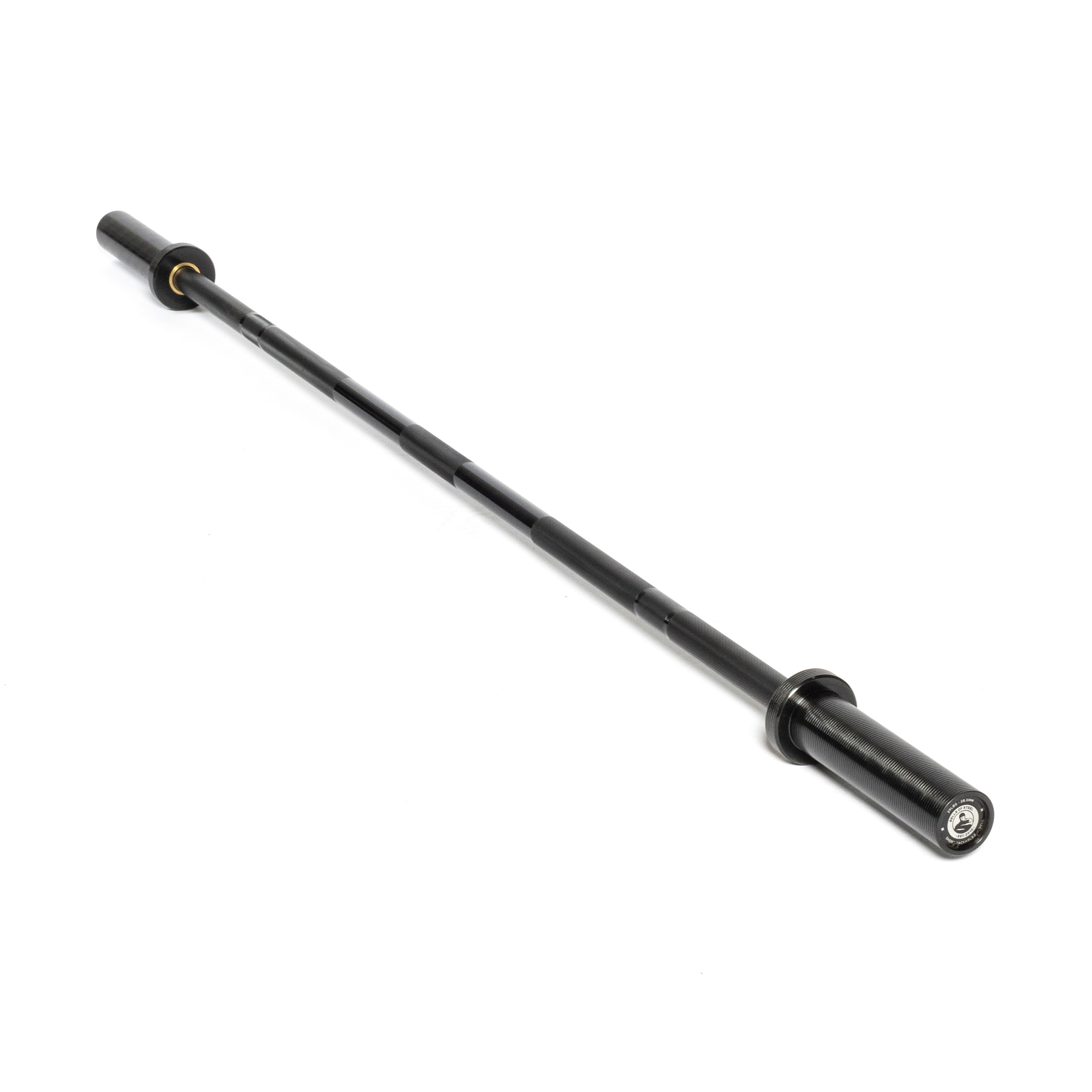 The Bells of Steel Short Rackable Barbell, perfect for a home gym, boasts cylindrical ends and slight ridges along its length. Set against a plain white background, it is ideal for use with a power rack in any fitness space.