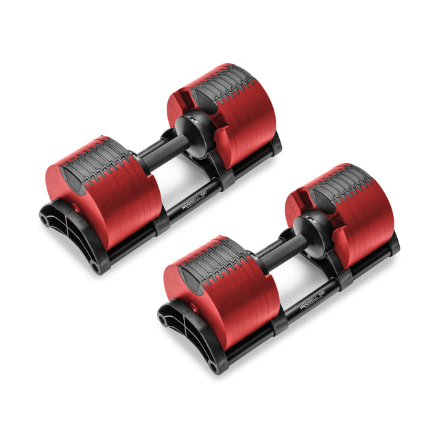 The NÜOBELL Adjustable Dumbbells by Nuobell feature a patent-pending design with red and black detailing, offering a sleek aesthetic. Each dumbbell provides multiple weight settings on machined steel plates, resting on a black base.