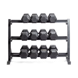 Close-up of a residential dumbbell rack displaying a compact design