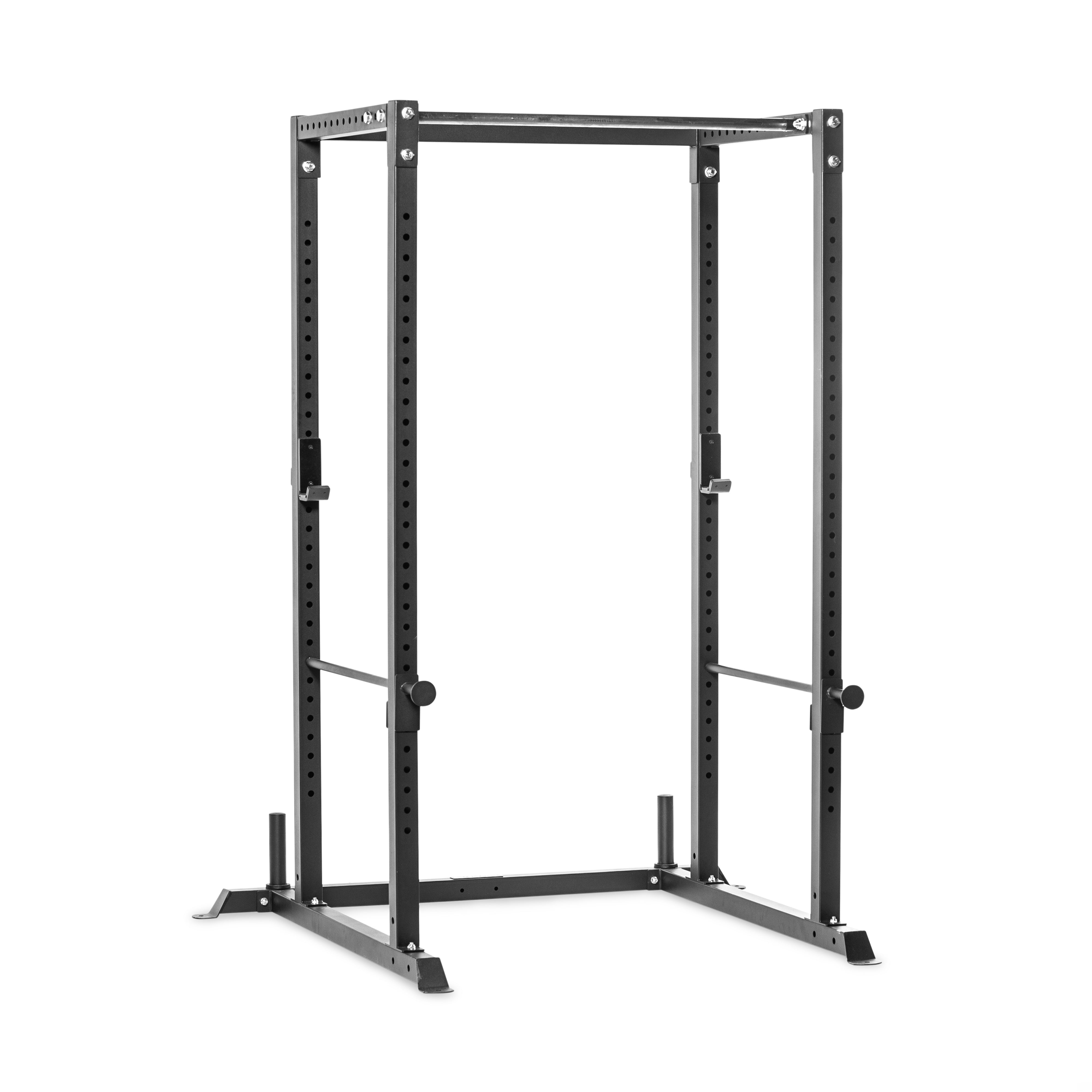 The Residential Power Rack by Bells of Steel, crafted from black metal, is an ideal addition to any home gym. It comes equipped with adjustable safety bars, J-cups, and a pull-up bar. Designed for weightlifting and strength training exercises, its simple yet sturdy build offers versatility in setting up diverse workouts.