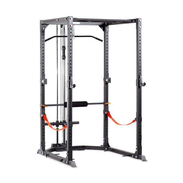 The Bells of Steel Residential Power Rack (2.3" x 2.3", ⅝" holes) is tailored for a home gym, equipped with various attachments such as a pull-up bar, cable system, and j-cups for barbell support. It features a gray frame with orange safety straps, providing adjustable positions for versatile workouts.