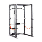 The Bells of Steel Residential Power Rack (2.3" x 2.3", ⅝" holes) is a black home gym rack with j-cups, pull-up bar, safety straps, dip handles, and barbell—ideal for weightlifting and resistance exercises.