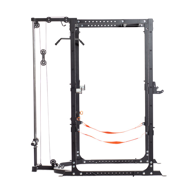 Introducing the Bells of Steel Residential Power Rack, a versatile black adjustable power rack ideal for any home gym. This model features an integrated cable pulley system and orange safety straps for weightlifting. It includes ⅝" numbered holes and j-cups for effortless barbell customization.