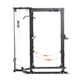 The Bells of Steel Residential Power Rack (2.3" x 2.3", ⅝" holes) offers adjustable safety straps, j-cups, multiple attachment points, a pull-up bar, and a built-in cable pulley—ideal for home strength training and weightlifting.