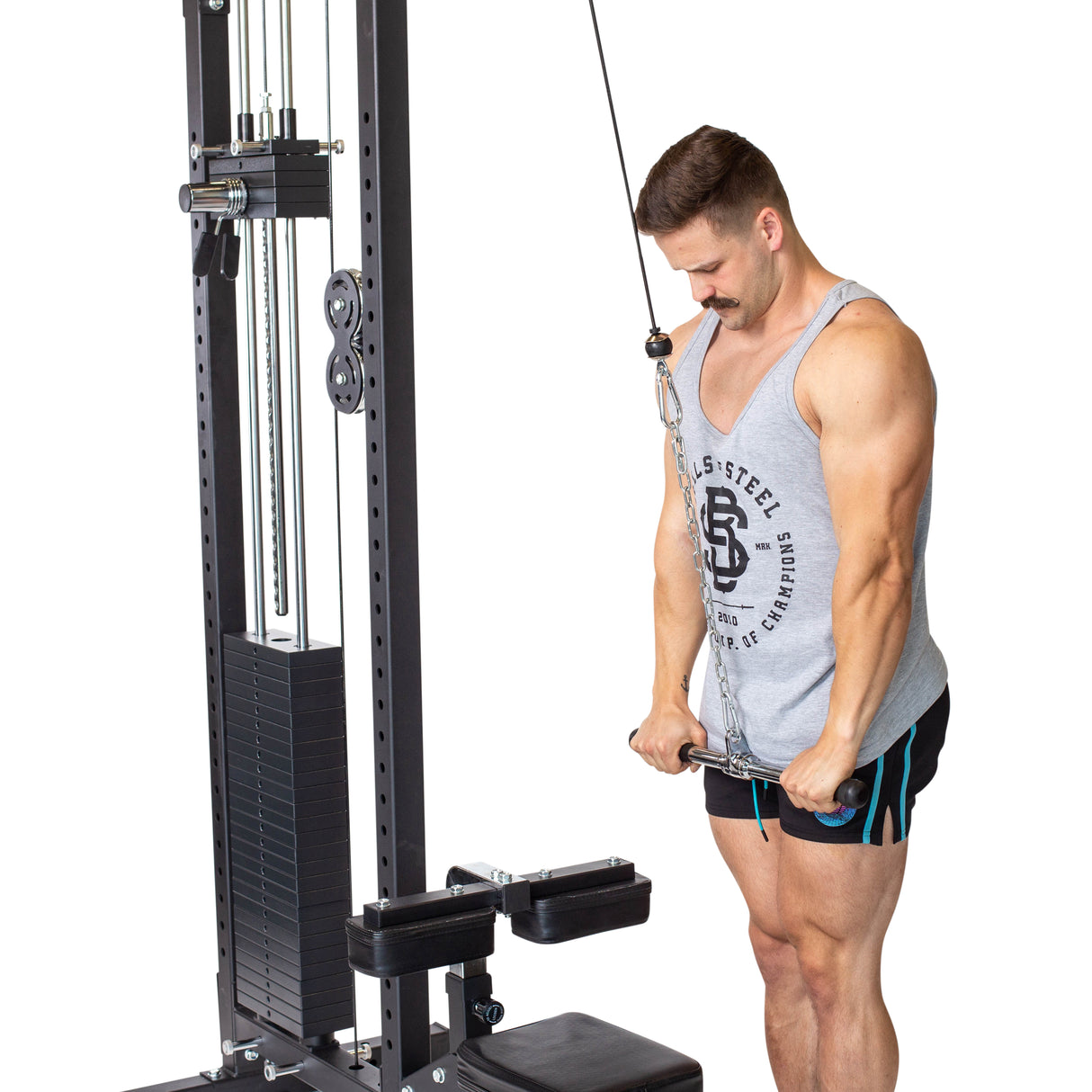 Male Athlete using the Straight Revolving Cable Bar for a tricep workout