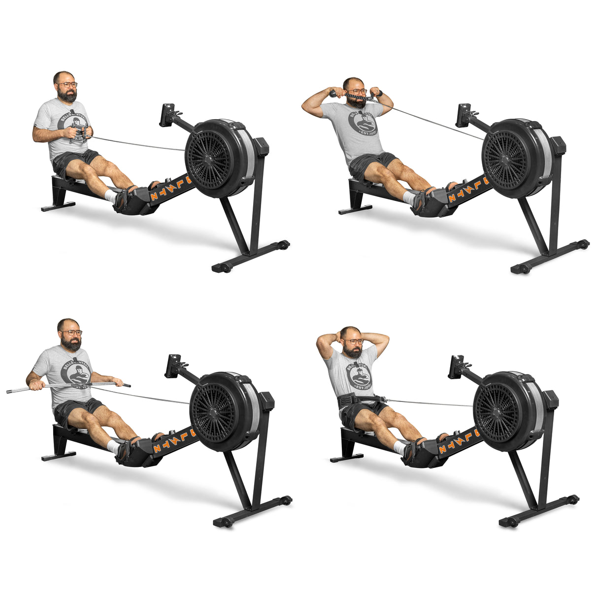 A man in a gray shirt and shorts, wearing glasses and a beard, demonstrates a full-body workout on the Bells of Steel Blitz Air Rower. The black machine with orange accents showcases the low-impact cardio exercise through four rowing motion positions.