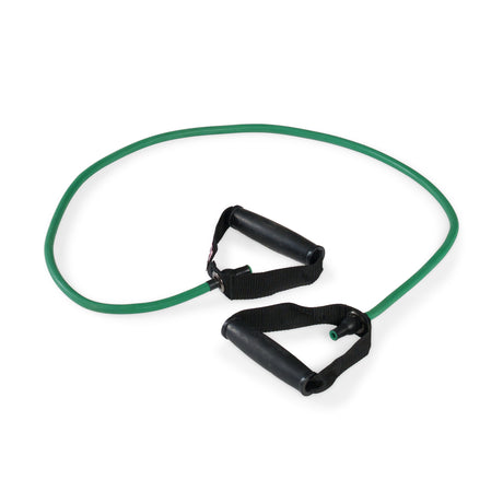 A Bells of Steel Human Trainer - Ripcords resistance exercise band in green, featuring black rubber handles on each end, laid out in a loose loop on a white background.