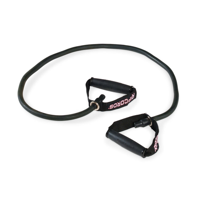 A black Human Trainer - Ripcords resistance band by Bells of Steel, featuring two rubber handles each labeled “RIPCORDS,” is displayed on a white background.