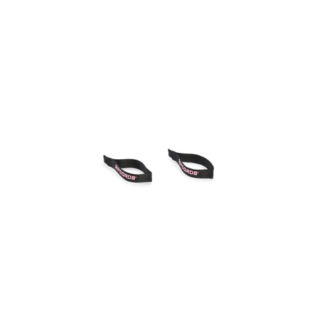 Two black fabric straps with “RECORDS” in white and red text, lying on a white background—crafted for versatility, these Human Trainer - Ripcords from Bells of Steel are ideal for a range of workouts.