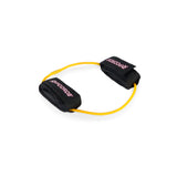 A yellow Human Trainer - Leg Cord by Bells of Steel, featuring two black padded handles labeled “PROPOROS,” is arranged in a loop on a white background—ideal for use as a progressive tension leg band during lower body workouts.