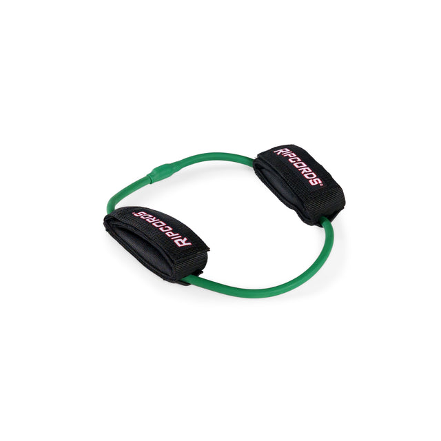 Green Human Trainer - Leg Cords by Bells of Steel, featuring progressive tension and black fabric ankle straps with “Ripcords” in pink lettering, arranged in a circle on a white background. This versatile ankle resistance band ensures a slip-free fit for effective glute and lower body training.