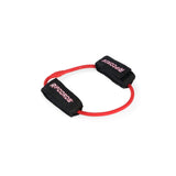 A red resistance band loop with black handles labeled “Bells of Steel Human Trainer - Leg Cords” on a white background, designed as a non-slip glute band for effective lower body workouts.