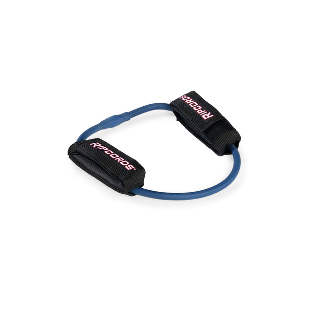 The Human Trainer - Leg Cords by Bells of Steel are shown on a white background—a blue resistance band with black handles labeled “RIPCORDS” in pink text, designed for exercise and strength training. These bands are ideal as progressive tension leg or ankle resistance bands to enhance your workout routine.