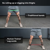 Two images show a person demonstrating resistance bands in a gym setting: in the top image, they use a green non-slip glute band around their thighs; in the bottom image, they feature red Bells of Steel Human Trainer - Leg Cords attached to their ankles.