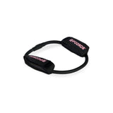 A black resistance exercise band branded “Human Trainer - Leg Cords” by Bells of Steel, featuring two padded handles labeled “RIPCORDS” in red and white, is arranged in a circular shape on a white background. This versatile band is ideal for those seeking progressive tension leg bands to enhance their strength training routine.