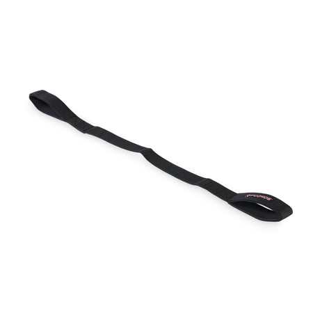 A black nylon Human Trainer - Ripcords strap by Bells of Steel, featuring loops at both ends and designed as a door anchor for resistance bands, lies diagonally on a white background.