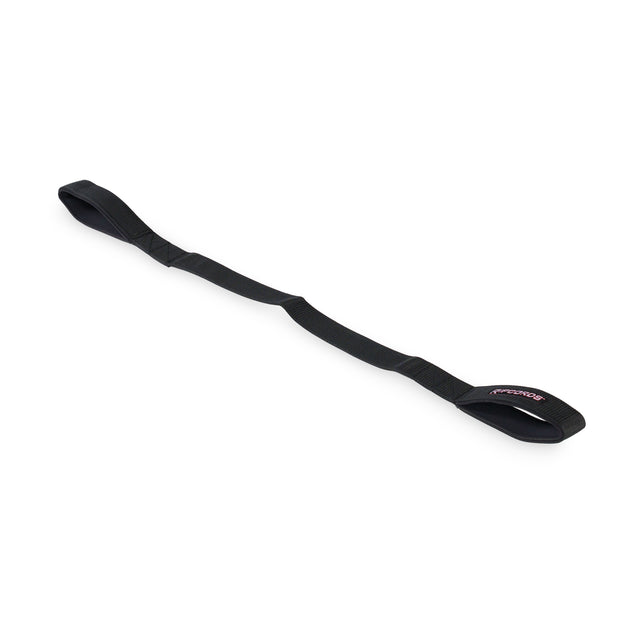 A black nylon Human Trainer - Ripcords strap by Bells of Steel, featuring loops at both ends and designed as a door anchor for resistance bands, lies diagonally on a white background.