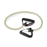A light-colored Human Trainer - Ripcords resistance band by Bells of Steel, featuring black rubber handles and a “RIPCORDS” label, is coiled in a loop for strength training and exercise. This versatile band can also be paired with a door anchor for expanded workout options.