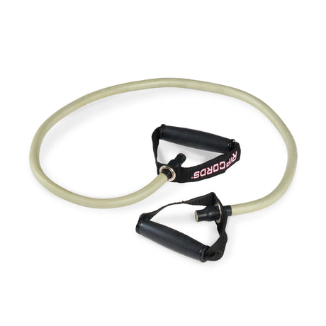 A light-colored Human Trainer - Ripcords resistance band by Bells of Steel, featuring black rubber handles and a “RIPCORDS” label, is coiled in a loop for strength training and exercise. This versatile band can also be paired with a door anchor for expanded workout options.