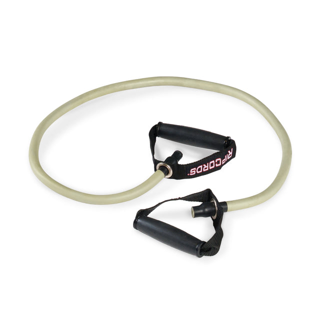 A light-colored Human Trainer - Ripcords resistance band by Bells of Steel, featuring black rubber handles and a “RIPCORDS” label, is coiled in a loop for strength training and exercise. This versatile band can also be paired with a door anchor for expanded workout options.