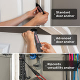 Three panels show: hands using a standard door anchor, an advanced door anchor, and the Bells of Steel Human Trainer - Ripcords versatility anchor in a gym setup—each paired with premium resistance bands for effective workouts. Text labels identify each anchor type and their rubber grip handles in their respective panels.