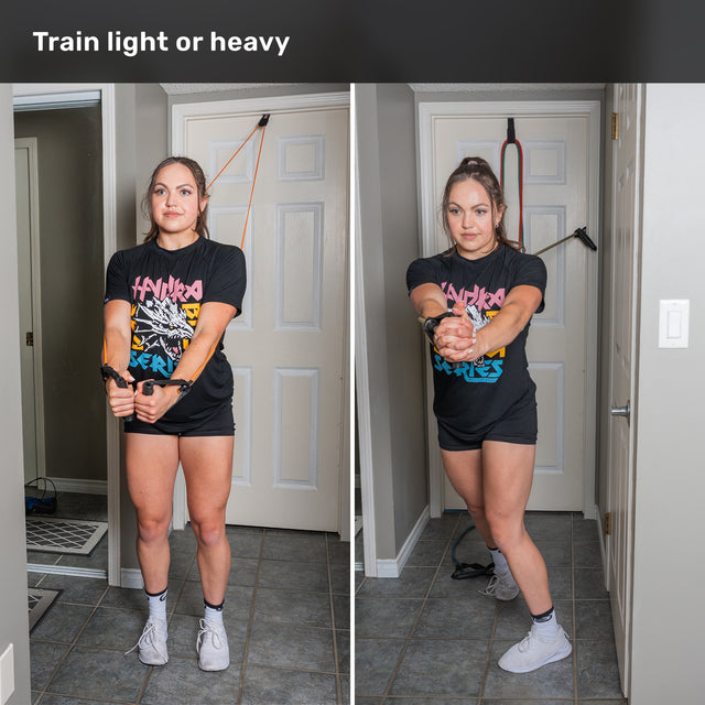 A woman stands in a doorway, holding Bells of Steel Human Trainer - Ripcords with rubber grip handles. The left image shows her facing forward with arms lowered; the right image shows her turning sideways, arms extended forward. Text above reads, “Train light or heavy.”.