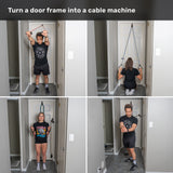 Two people use the Bells of Steel Human Trainer - Ripcords resistance bands, featuring advanced door anchor attachments, to perform exercises like overhead pulls, seated rows, lateral raises, and chest flys. The text above states: “Turn a door frame into a cable machine.”.