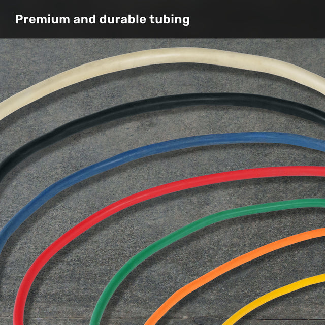 Six different colored tubes (white, black, blue, red, green, orange) are arranged in curved lines on a gray surface. The text “Premium and durable tubing” appears at the top of the image, highlighting the Bells of Steel Human Trainer - Ripcords—premium resistance bands designed for versatile workouts.