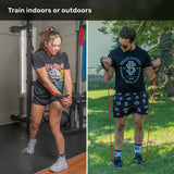 Two people using Bells of Steel Human Trainer Ripcords with rubber handles to exercise: one woman working out indoors, attaching her Ripcord to a door anchor, and one man exercising outdoors. Both are pulling on the resistance bands with focused expressions. Text at top reads, “Train indoors or outdoors.”.