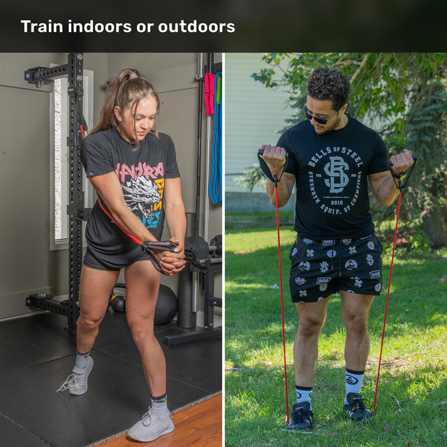 Two people using Bells of Steel Human Trainer Ripcords with rubber handles to exercise: one woman working out indoors, attaching her Ripcord to a door anchor, and one man exercising outdoors. Both are pulling on the resistance bands with focused expressions. Text at top reads, “Train indoors or outdoors.”.