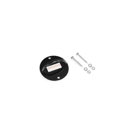 A round black wall mount bracket from the Human Trainer - Ripcords line by Bells of Steel, featuring a white adhesive strip and designed to serve as a sturdy door anchor for resistance bands, is displayed alongside two silver screws and washers on a white background.