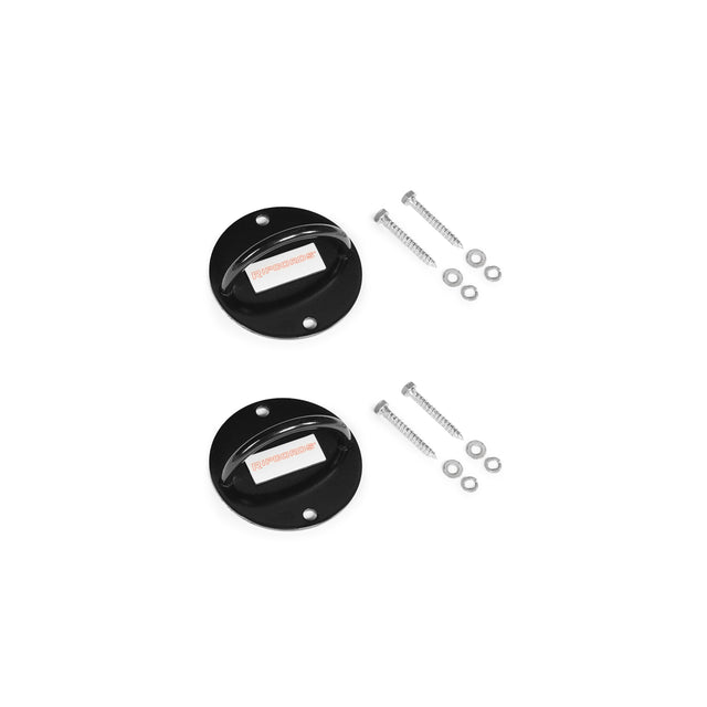 Two round black metal Human Trainer - Ceiling Mounts by Bells of Steel, each featuring handles and designed as secure anchor points for resistance bands, are shown on a white background. Each mount comes with three screws, three washers, and three nuts.