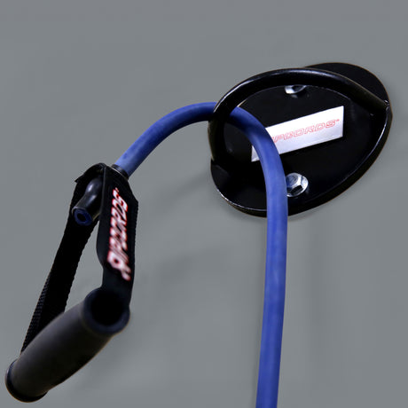 A set of blue resistance bands with black handles is secured to a pair of black Human Trainer - Ceiling Mounts from Bells of Steel, shown against a gray background.