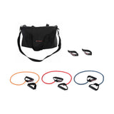 The Human Trainer - Ripcords by Bells of Steel—including a black carrying bag, two black straps, a door anchor, and three resistance bands in orange, blue, and red with sturdy rubber handles—are all arranged on a white background.