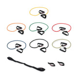Seven Bells of Steel Human Trainer - Ripcords resistance bands in different colors, each featuring sturdy rubber handles, are arranged on a white background. Below them are a black door anchor and two small fabric loops.