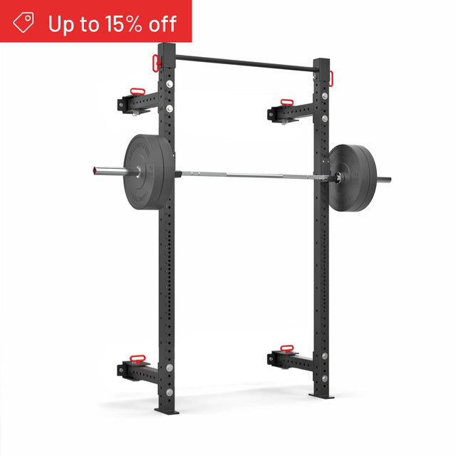 The Bells of Steel Roc Foldable 2 Post Cage Builder (3" x 3", ⅝" Holes) in black, shown with modular parts and a loaded barbell against a white backdrop, features a top-left red banner: "Up to 15% off." Ideal for any home gym upgrade.