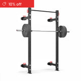 The Bells of Steel Roc Foldable 2 Post Cage Builder (3" x 3", ⅝" Holes) is shown with a loaded barbell against a white background. A red banner at the top left reads "10% off"—perfect for any home gym.