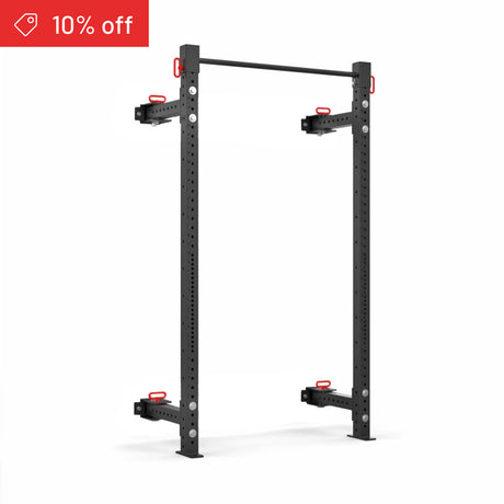 The Bells of Steel Roc Foldable 2 Post Cage Builder (3" x 3", ⅝" Holes) features red adjustment handles, ideal for weightlifting at home. Displayed on a white background with a red "10% off" banner in the top left corner.