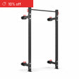 The Bells of Steel Roc Foldable 2 Post Cage Builder (3" x 3", ⅝" Holes) is a black metal squat rack with modular parts, adjustable safety bars, and red handles. A red banner on the top-left reads "10% off." Perfect addition to your home gym.