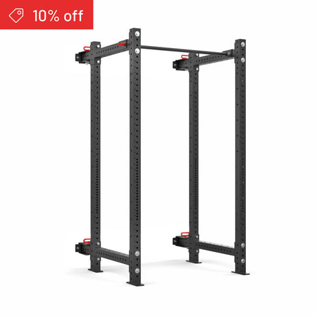 The Bells of Steel Roc Foldable 4 Post Cage Builder (3" x 3", ⅝" Holes) in black metal stands ready for weightlifting on a white background. A red banner at the top left shows “10% off” with a tag icon. Perfect addition to any home gym.