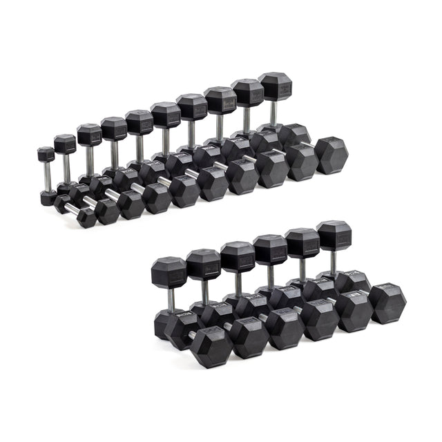 The Bells of Steel Straight Handle Rubber Hex Dumbbell Sets are two-tiered with chrome-plated handles and black rubber-coated ends, ranging from light to heavy weights. They are commercial-grade and neatly organized on a white background.